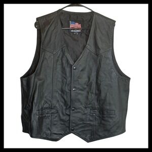 Leather USA Mens 3XL US Army Patch Biker Vest Black Snap Front Leather Jacket